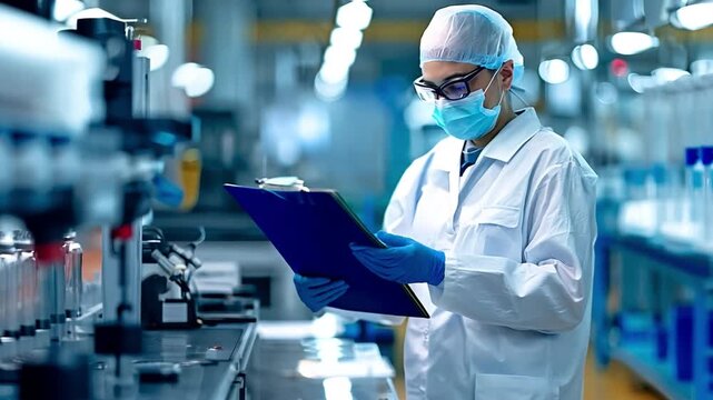 On an automated machine production line that produces medical plastic forms for surgical kits, workers use clipboards to monitor quality.