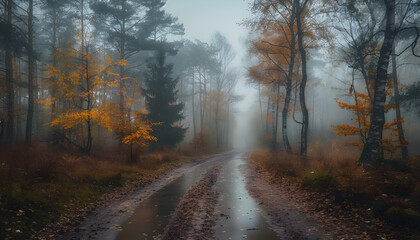 Fototapeta premium mystical foggy forest scene, autumn foliage, tranquil atmosphere, serene pathway, nature's beauty, emotional connection, versatile for marketing, education, wellness, eco-tourism, meditation,...