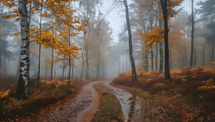 Fototapeta premium misty autumn forest, orange foliage, tranquil pathway, serene nature, emotional tranquility, copy space for text, perfect for relaxation themes, seasonal nature exploration, eco-tourism marketing,...