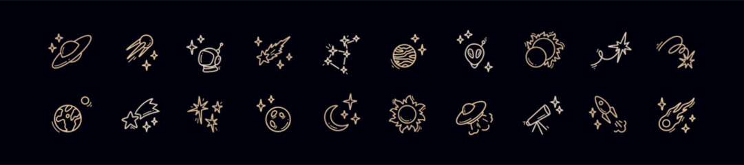Fototapeta premium Doodle outer space cosmic icons set. Planets, constellation, spacecraft, rocket hand drawn linear illustration. Falling stars and comets. Alien ship. Astronomy science and astrology concept.