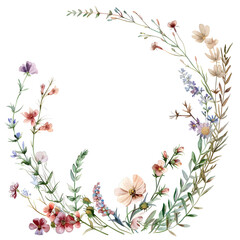 elegant floral frame featuring diverse hand-drawn watercolor wildflowers and herbs, ideal for invitations, greeting cards, and botanical prints, showcasing nature's beauty, gender-neutral,...