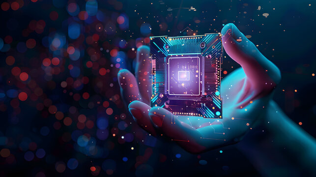futuristic digital semiconductor in human hand, advanced technology innovation visual, artificial intelligence concept, glowing microchip display, high-tech atmosphere,...