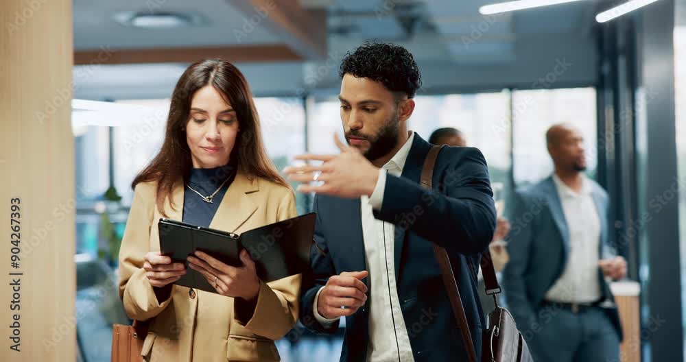 Poster Colleagues, tablet and discussion for research, walking and talking in office for proposal or busy. Explaining, man and planning with woman for project, publicist or online for information of website