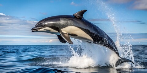 Fototapeta premium Exhilarating breach of northern right whale dolphin Creative AI, ocean, whale dolphin breaching