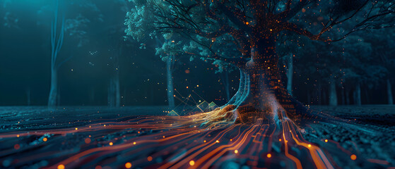 futuristic tree concept, digital roots, data flow, information architecture, technology integration, innovation, eco-friendly design, visual metaphor for growth, serene atmosphere, ideal for tech,...