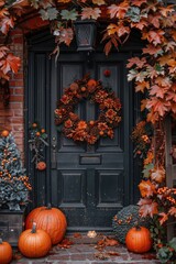 Obraz premium A blue door with a wreath of autumn leaves and pumpkins on it
