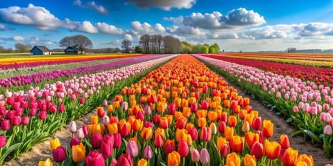field of tulips and blue sky