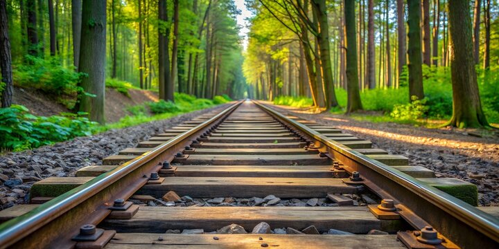 Narrow gauge railway tracks with oily oak wooden sleepers in the forest saxony travel Germany Generative AI - Powered by Adobe