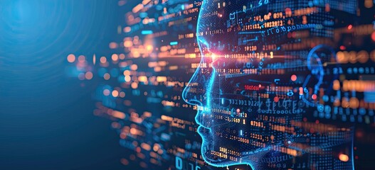 Obraz premium Abstract digital human profile with binary code and circuit patterns, representing artificial intelligence or machine learning concept in the style of blue background Generative AI