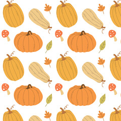 Seamless pattern with pumpkins, leaves and mushrooms, vector illustration for autumn Thanksgiving, harvest holiday, template for poster, banner, cards