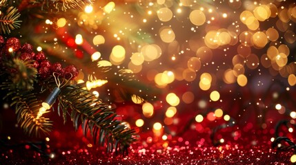 golden and silver lights with christmas tree on red background,bright decoration for merry xmas