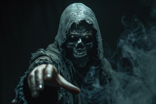 Mysterious Dark Figure Pointing in a Shadowy Environment Underneath Dim Lighting