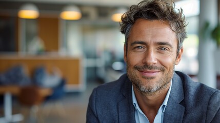 Fototapeta premium Smiling man in a modern office, wearing a casual jacket and shirt.