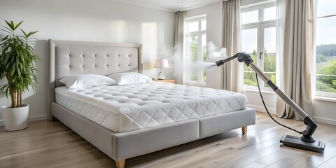 Cleaning and disinfection of the mattress in the bedroom with hot steam Generative AI