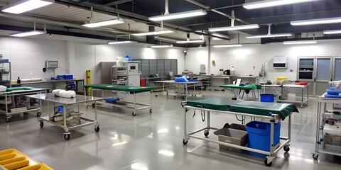 Surgical facility with empty tables and equipment, freshly cleaned and disinfected. Creative AI, operating room