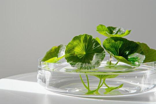 Fresh green centella asiatica plant floating on water surface in petri dish in laboratory for medical or cosmetic use