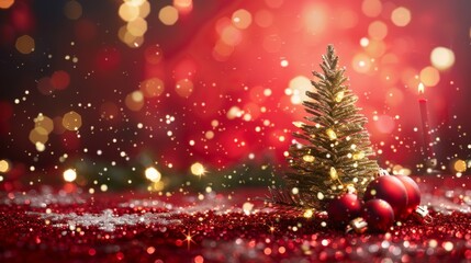 golden and silver lights with christmas tree on red background,bright decoration for merry xmas