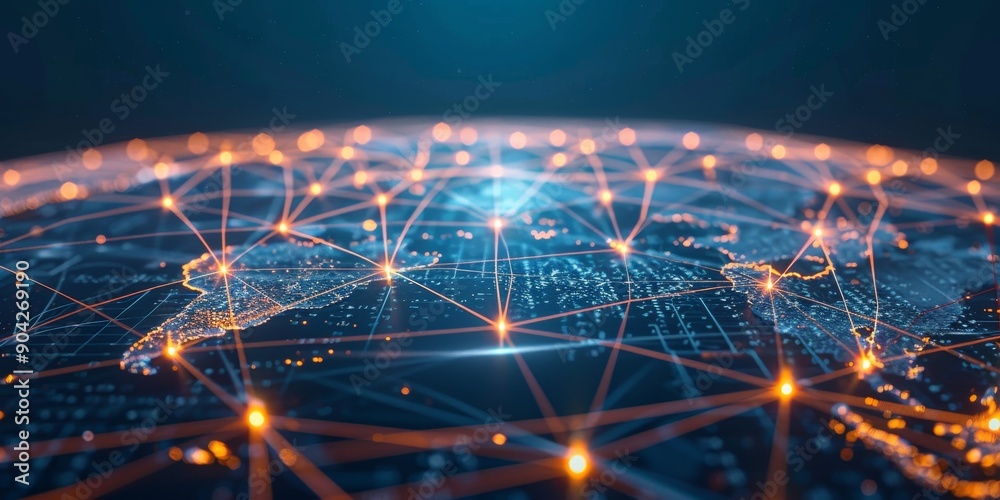 Fototapete a global network concept showing interconnected cities across continents, with digital lines and glo