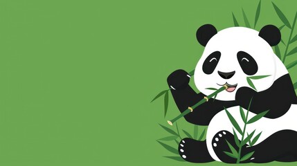 Naklejka premium Adorable Panda Eating Bamboo in Green Forest.