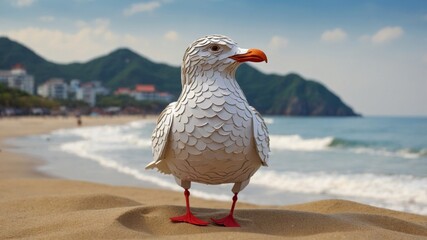 Seagull s head with beach in blurred background.