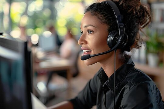 Woman in Office Providing Customer Service with Headset and Computer