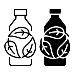 Recycle plastic bottle icon line with green leaves. Set of symbols and signs for design of recycle label products.	
