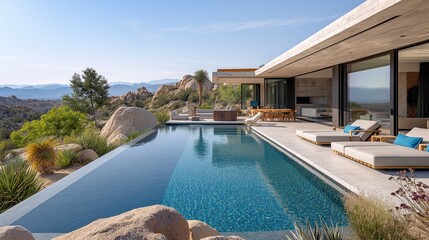 Fototapeta premium Modern desert villa with infinity pool, panoramic views, and luxurious outdoor lounging.