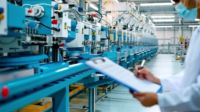 On an automated machine production line that produces medical plastic forms for surgical kits, workers use clipboards to monitor quality.