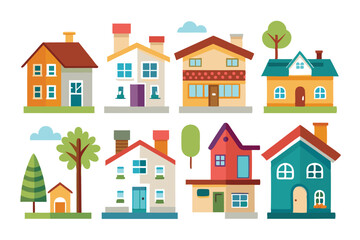 Colorful Cartoon Houses with Chimneys and Trees