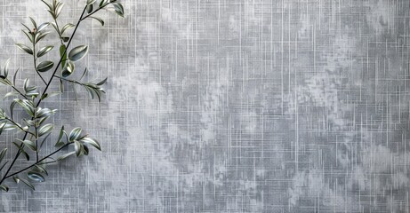 A single, leafy branch extends gracefully over a textured, gray fabric backdrop, its delicate leaves creating a sense of natural elegance.