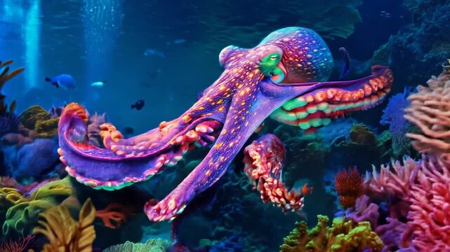 Vibrant octopus in a colorful coral reef underwater scene with diverse marine life