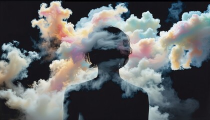 a blurred image of a human silhouette, engulfed in soft, abstract shapes, representing a mind clouded by confusion, the stark black background emphasizing the feeling of solitud