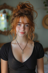 Young Beautiful Ginger Head Woman Smiling at Camera in Cozy Bedroom. Wearing Black T-Shirt, Warm Ambiance, Happy Expression, Casual Attire, Relaxed Atmosphere, Natural Beauty, Indoor Portrait