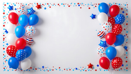 Blue, white and red balloons and stars confetti on a white background with copy space. Celebrating 4th of July banner.