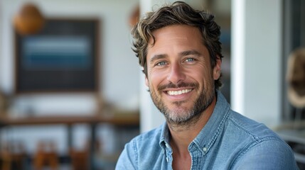 Fototapeta premium Man with wavy hair and beard smiling confidently at an outdoor cafe, wearing a blue shirt.