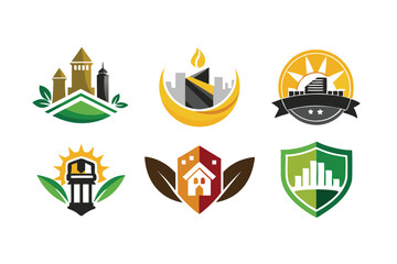 Obraz premium Six Colorful Abstract Cityscapes with Geometric Shapes and Natural Elements