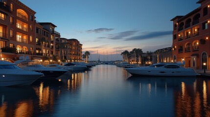 Fototapeta premium Elegant marina at dusk with docked yachts and lighted buildings reflecting on calm water.