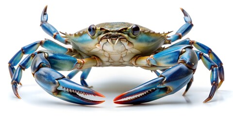 Aggressive blue crab in defensive stance, claws raised and ready to fight. AI-Created Content, aggression