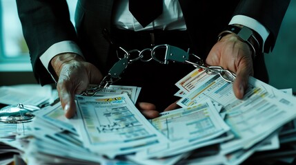 Businessman in handcuffs holding financial documents, symbolizing corporate crime, fraud, or corruption in a dark office environment.