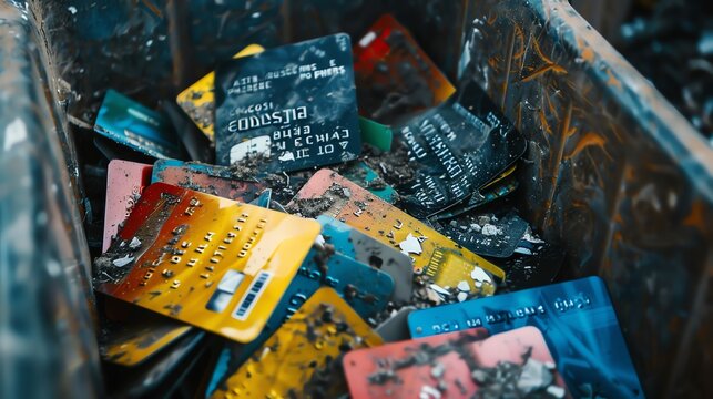 Discarded credit cards in a bin, highlighting financial waste, electronic disposal, or identity theft concerns. - Powered by Adobe