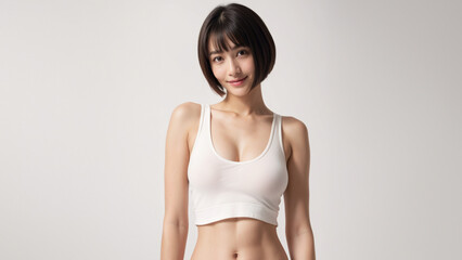 shot of an Asian girl white camisole pajamas bikini, highlighting her bright eyes and genuine smile against the clean white background.