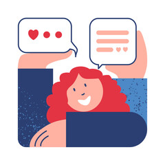 Girl with chat bubbles. Love chat cloud. Valentines day greeting. Sketch vector illustration.