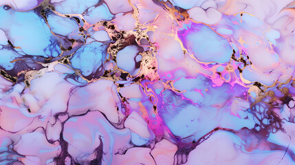 Abstract marble texture with pink and blue swirls and gold accents