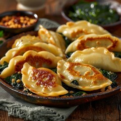 Delicious pan-fried dumplings on a wooden tray with vegetables. The food is well-cooked and beautifully presented. This image captures the essence of Asian cuisine and food styling. AI