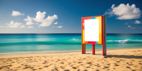 Empty Signboard Standing on Beach with Ocean View in Summer