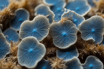 mushroom mycelium under the microscope , mushroom spores mold fungi in the laboratory 