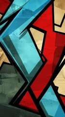 Abstract geometric background with red, blue, and yellow shapes.