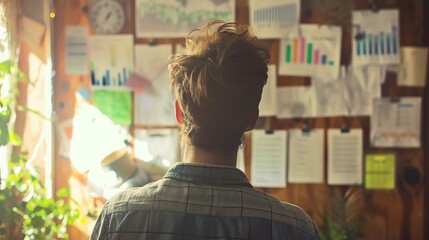 Rear view of a person analyzing data charts and graphs on a wall, representing business strategy, planning, and brainstorming.