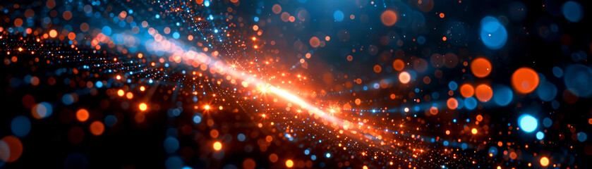Obraz premium Vibrant abstract background featuring luminous particles and glowing lights in blue and orange tones, creating a dynamic visual effect.
