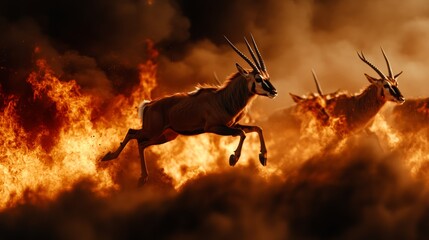 A herd of antelope leaping across a burning savanna, with fiery embers and thick smoke filling the air, creating a dramatic escape scene, high-resolution photo, realistic photo